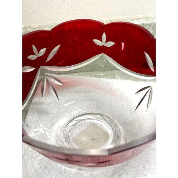 Lenox Crimson Splendor Serving Bowl Burgundy Glass Romania Floral Etched Holiday - Picture 2 of 6